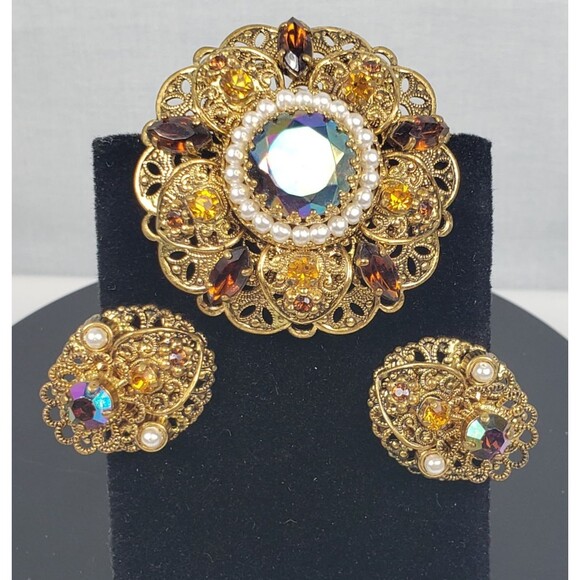 Vtg West Germany Aurora Borealis Amber Topaz Rhinestone Faux Pearl Brooch Set - Picture 5 of 16